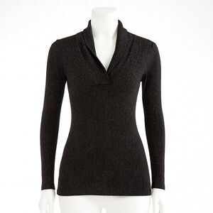 White House Black Market Top Womens XS Black Metallic Rib Knit‎ Shawl Neck Party
